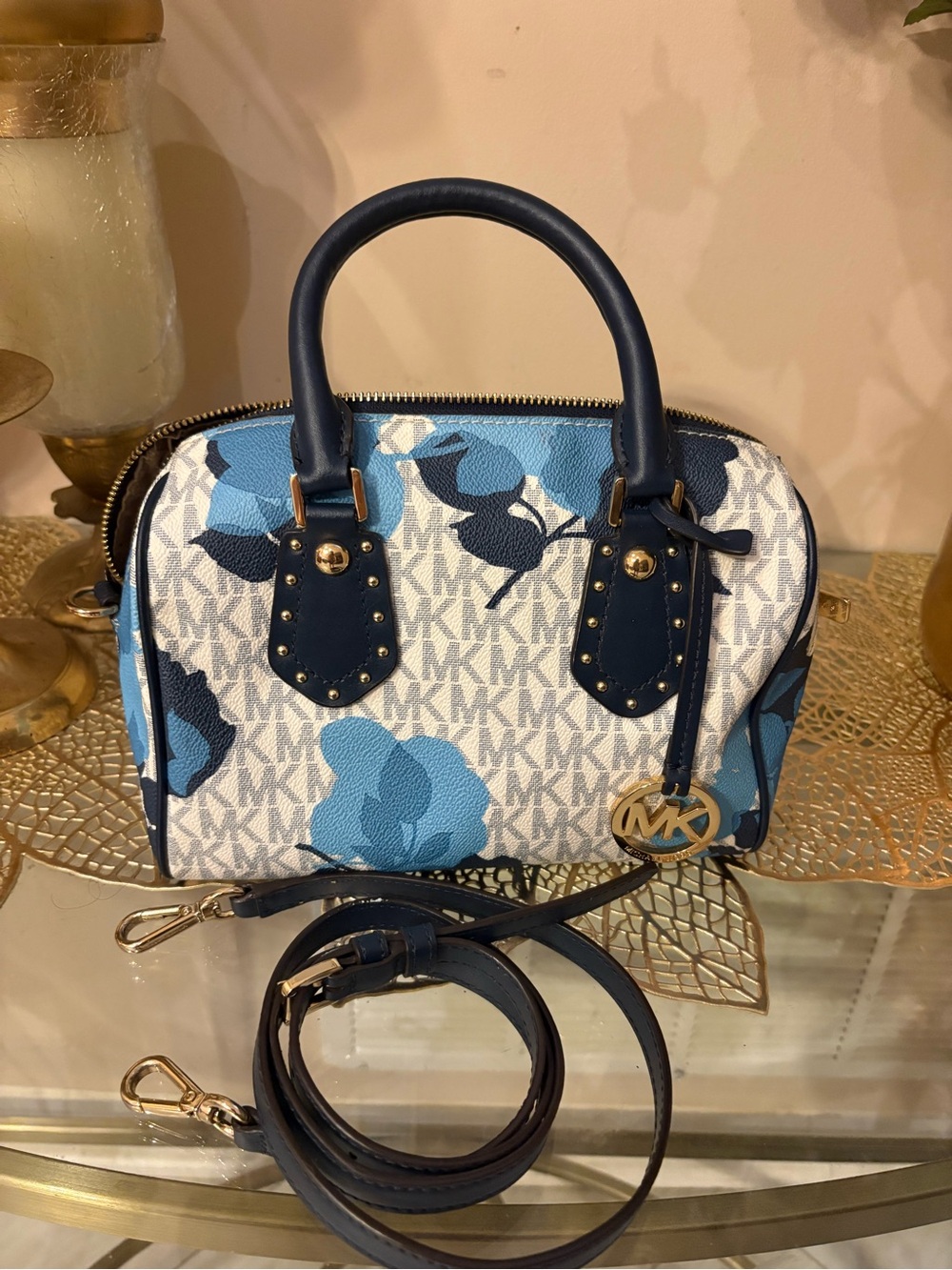 Michael Kors Blue Floral Dome Crossbody with Navy Trim